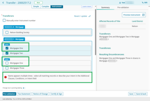 image highlighting "Mortgagee One" in 2 groups under 1 instrument. Only 1 occurence of the name is selected. A warning has appeared at the bottom of the section. It reads: "Name appears multiple times - select all matching records or describe your intent in the Additional Clauses, Conditions, or Intent field".