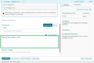 image highlighting the 'Additional Clauses, Conditions, or Intent' box in Prepare transfer.