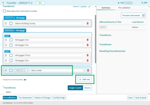 image highlighting the '+Add row' button. A new row has been added at the bottom of the list of transferors, and an instrument number and interest holder name are being entered.
