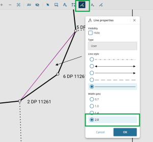Image highlighting the 'Select line' tool. The line properties panel is open and line width 2.0 highlighted.