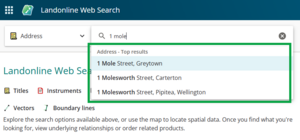 image of search title by address, with "1 mole" entered in the search bar. 3 results have populated in the drop-down list.