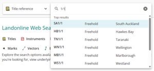 image of search title by title reference, with "1/1" entered in the search bar. There are multiple results, one for each land district.