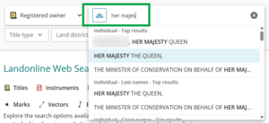 image of search title by registered owner, with Closest match mode selected. "her majes" is entered in the search bar, and results including those words are visible in the drop-down.