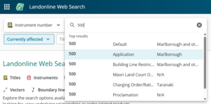 image of search title by instrument, with "500" entered in the search field. Matching results are visible in the drop-down panel.