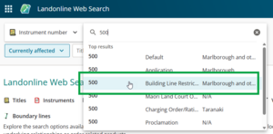 image of search title by instrument. The mouse cursor is positioned over an entry in the drop-down.