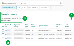 image of the search results panel for search title by instrument number. The search results summary shows what was searched for and that there are 3 results. The record of title references are marked A, the instrument number is marked B, and an icon at top right of panel is marked C.