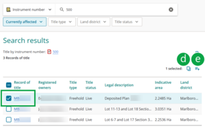 image of the search results panel, with the checkbox next to title reference ticked. 2 more icons have appeared at the top right of the panel, marked D and E.