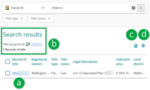 image of the search results panel for search title by parcel ID. The search results summary shows what was searched for and that there is 1 result. The record of title reference is marked A, the parcel ID is marked B, and 2 icons at top right of panel are marked C and D.