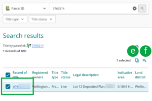 image of the search results panel, with the checkbox next to title reference ticked. 2 more icons have appeared at the top right of the panel, marked E and F.
