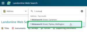 image of the search results for "1 molesw" in the drop-down. The mouse cursor is positioned over 1 Molesworth Street, Pipitea, Wellington, and the result is highlighted blue.