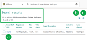 image of the search results panel for search title by address. The search results summary shows what was searched for and that there is 1 result. The record of title reference is marked A, and 2 icons at top right of panel marked B and C.