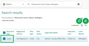 image of the search results panel, with the checkbox next to title reference ticked. 2 more icons have appeared at the top right of the panel, marked D and E.