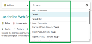 image of a search for Taupō, including the macron over the letter O. There are several results, all have a macron over the O.