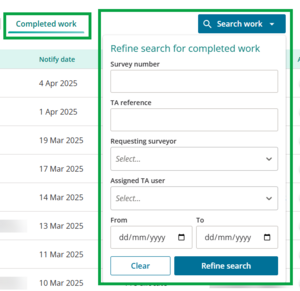 image of the search work panel in the Completed work tab.