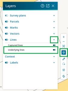 image of the tools control toolbar, highlighting the Layers icon, and the open Layers panel. The expand icon for the Lines section is highlighted in the panel, and "underlying lines" and its toggle is also highlighted.