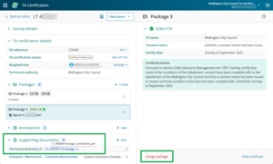 image of the TA certification screen. The TA certificate under supporting documents on the left panel is highlighted. The Unsign package button at the bottom left of the right hand panel is also highlighted.