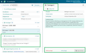 image of the TA certification screen. Annotations on the left panel is highlighted. The Delete package, Edit package, and Sign package buttons at the bottom of the right hand panel are also highlighted.