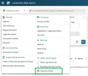 image of the Web Search search panel, highlighting "Search Statutory Action" under "Other search types".