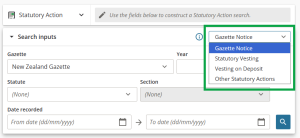 image of the search statutory action panel, highlighting the "type" field and the open list of statutory action types.