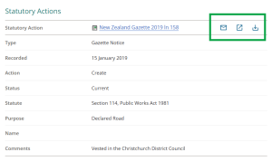 image of the statutory action section on a parcel summary page. The order options are highlighted.