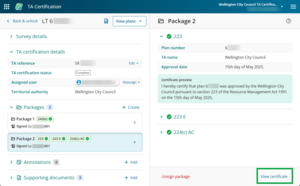 Image of TA certification work screen. Package 2 is signed, and "view certificate" is highlighted at the bottom right of the package details panel.