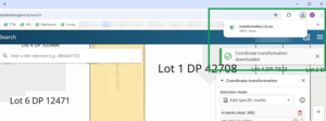 screenshot of part of the web search screen. A message "coordinate transformation downloaded" is highlighted at top right of screen. The download pop-up is also highlighted underneath the download icon in the browser.