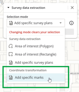 Screenshot of survey data extraction panel. Coordinate transformation - add specific marks is highlighted at bottom of panel.