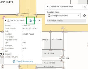 screenshot of the spatial screen in web search, with a mark selected. The mark information panel is open, and the "add to transformation" icon is highlighted at the top of the panel.