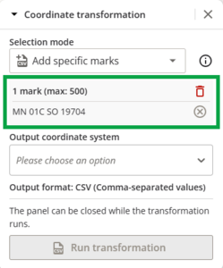 image of the coordinate transformation panel. 1 mark has been added to the transformation.