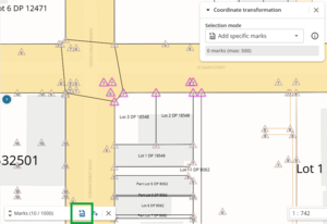 screenshot of the web search spatial screen, with multiple marks selected. The selection bucket at the bottom left of the screen has the "add to transformation" icon highlighted.