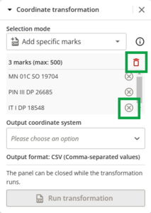image of coordinate transformation panel, with 3 marks added to transformation. The red "Clear selection" icon is highlighted next to the total marks. A grey X icon is highlighted next to 1 of the marks.