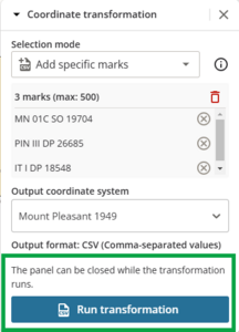 image of coordinate transformation panel, with "Run transformation" highlighted at bottom of the panel.