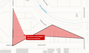 screenshot showing a polygon being drawn, and self-intersecting. The polygon is red and has a warning pop-up at the point of self-intersection.