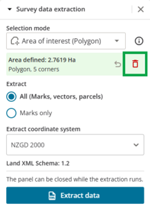 image of survey data extraction panel. The red "clear selection" icon is highlighhted next to area defined.