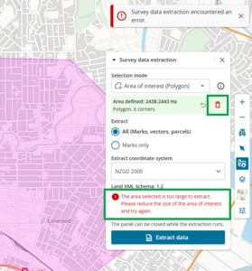 screenshot of spatial screen, with a survey data extraction error at the top right of the screen. There is a large pink area selected in the spatial map. The survey data extraction panle is open, and a message is highlighted, stating "the area selected is too large to extract. Please reduce the size of the area of interest and try again". The red "Clear selection" icon is also highlighted.