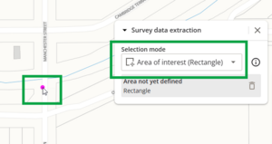 screenshot of the spatial screen with survey data extraction panel open, and "area of interest (rectangle)" highlighted. The mouse cursor has a pink dot at its tip, indicating it is ready to draw.