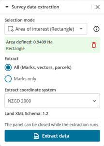 image of survey data extraction panel, showing the defined area in hectares.
