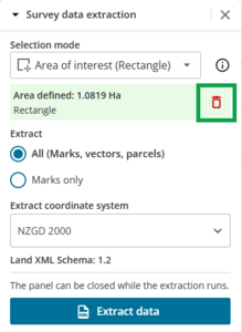 image of survey data extraction panel. The red "clear selection" icon is highlighted next to area defined.