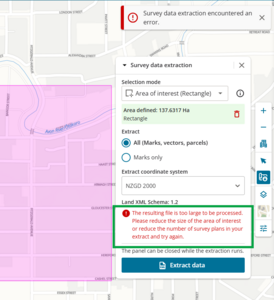 screenshot of spatial screen, with a survey data extraction error at the top right of the screen. There is a large pink area selected in the spatial map. The survey data extraction panle is open, and a message is highlighted, stating "the area selected is too large to extract. Please reduce the size of the area of interest and try again". The red "Clear selection" icon is also highlighted.