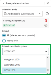 image of survey data extraction panel, highlighting the extract coordinate system section.