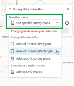 image of survey data extraction panel, with "add specific survey plans" highlighted. The mouse cursor is positioned over one of the other options: "Area of interest (rectangle)".