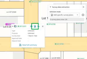 screenshot of spatial screen, with a survey reference selected. The survey information panel is open, and the "add to survey data extraction" icon highlighted.