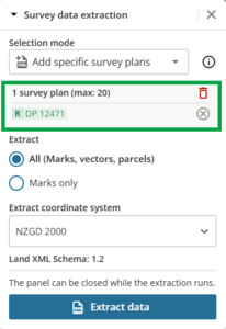 image of survey data extraction panel. a survey plan has been added to the extraction, and is highlighted.