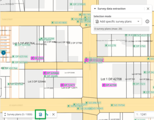 screenshot of the spatial screen with several survey references selected. The selection bucket is at the bottom right of the screen and the "add to survey data extraction" icon is highlighted.
