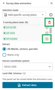 image of survey data extraction panel, with 5 survey plans added to the extraction. The red "Clear selection" icon is highlighted next to the total survey plans. A grey X icon is highlighted next to one of the survey references.