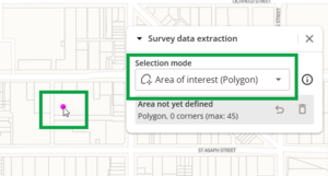 screenshot of the spatial screen with the survey data extraction panel open and "Area of interest (polygon)" highlighted. The mouse cursor has a pink dot at its tip indictaing it is ready to draw, and is also highlighted.