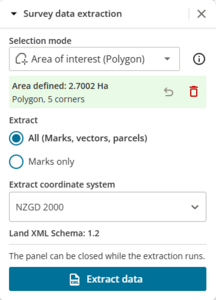 image of survey data extraction panel, showing the defined area in hectares.