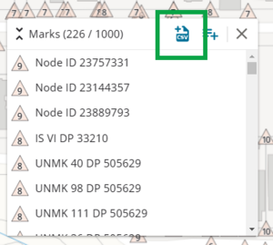 image of selection bucket with 226 marks selected. The CSV icon at top right of screen is highlighted.