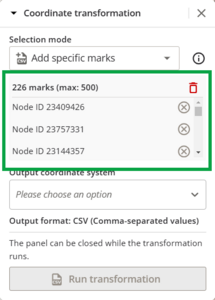 Image of coordinate transformation panel, highlighting the 226 marks that have been added to the transformation.