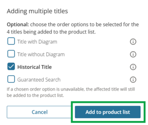 Image showing order options for adding multiple titles, the add to product list button at bottom right is highlighted